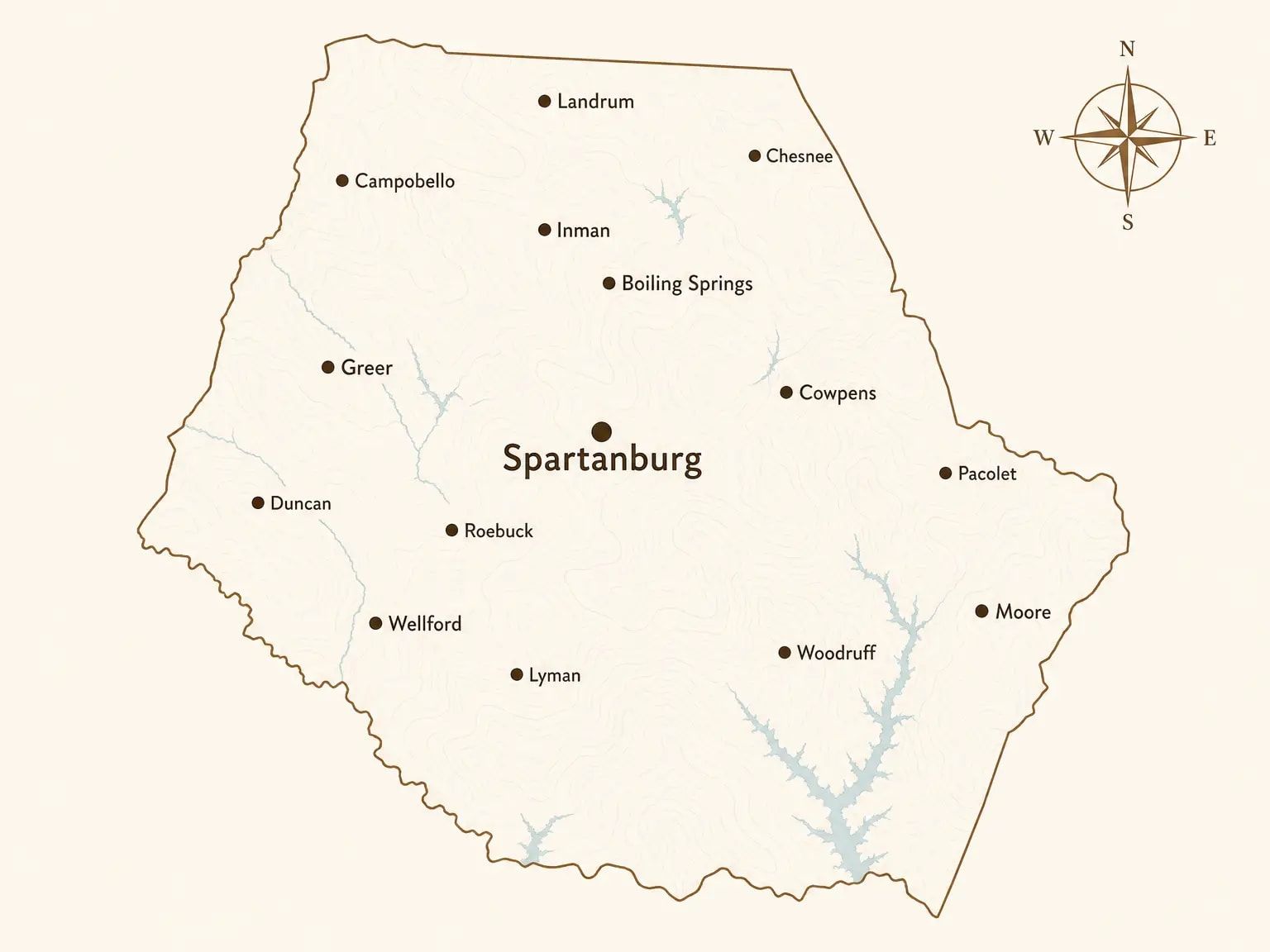 Map of Spartanburg County showing Landrum, Campobello, Inman, Chesnee, Boiling Springs, Greer, Spartanburg, Cowpens, Duncan, Roebuck, Pacolet, Wellford, Lyman, Moore and Woodruff